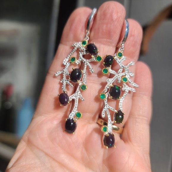 Black Opal & Crome diopside sterling & gold coral chandelier earrings - Picture 5 of 11